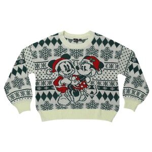 Disney Mickey & Minnie Viral Christmas Sweater Knit Fair Isle Green White Unisex